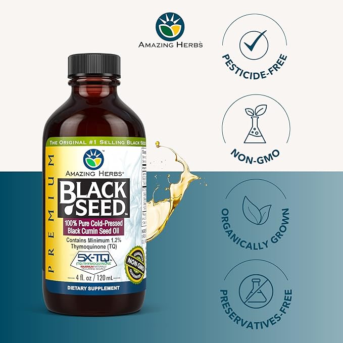 Amazing Herbs Premium Black Seed Oil - Gluten Free Non GMO Cold Pressed Nigella Sativa Aids in Digestive Health Immune Support Brain Function - 4 Fl Oz