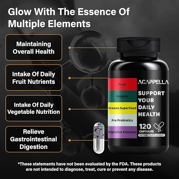 ACAPPELLA Fruit and Veggies Capsule with Greens Superfood Extract Digestive Enzymes with Probiotics and Prebiotics Fruits and Vegetables Supplements for Men and Women (1)