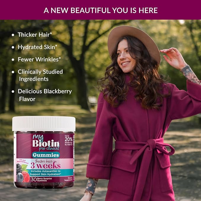 Purity Products MyBiotin ProClinical Gummies - Thicker Hair Starting in 3 Weeks &amp Fights Wrinkles - MB40X Biotin Matrix w/Astaxanthin - 40X More Soluble vs Ordinary Biotin 30 Berry Gummy Chews
