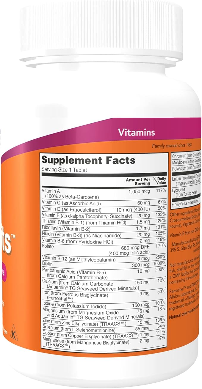 NOW Supplements Daily Vits™ One Tablet Daily with Lutein &amp Lycopene 100 Tablets (Pack of 2)