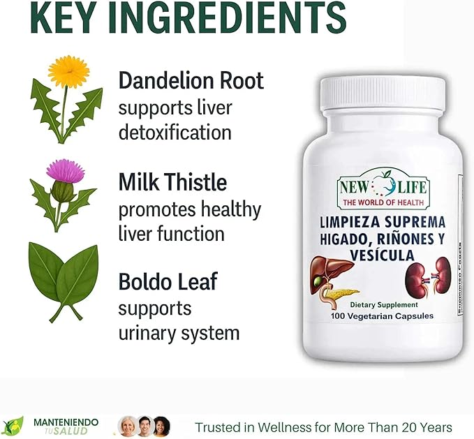 New Life Limpieza Suprema Hígado Riñones y Vesicula Healthy Liver Supplement Dandelion Root Milk Thistle Extract 100 Capsules