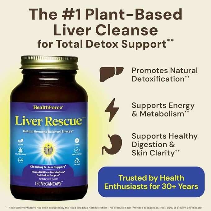 HealthForce SuperFoods Liver Rescue - Natural Liver Cleanse - with Milk Thistle &amp Dandelion Root - Gluten-Free &amp Vegan - 120 Capsules