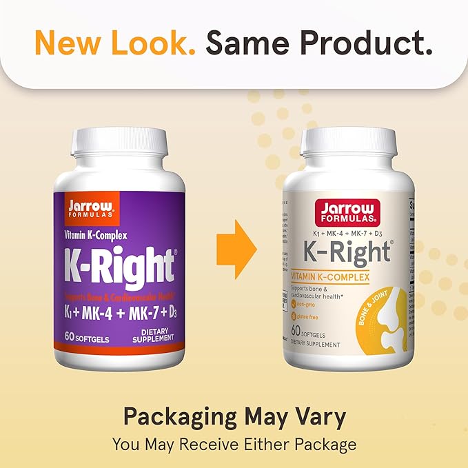 Jarrow Formulas K-Right - Vitamin K-Complex (K1 MK-4 MK-7 D3) - 60 Servings (Softgels) - Dietary Supplement for Bone &amp Cardiovascular Health Support - Vitamin K2 MK-7 - Gluten Free