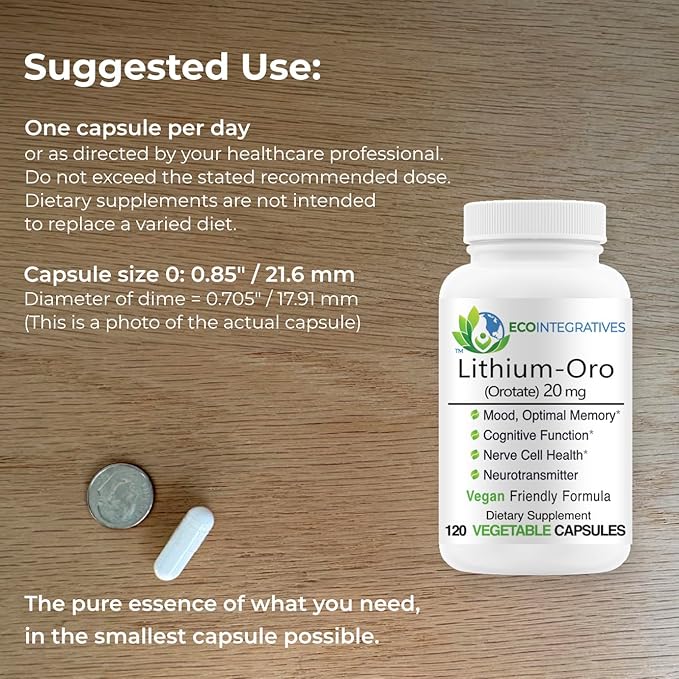 Lithium Oro 20 mg Supports Healthy Mood Emotional Wellness Behavior and Memory. Bioavailable 100 Caps (Elemental Lithium Orotate)