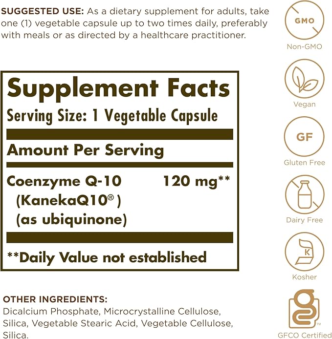 Solgar Vegan CoQ-10 120 mg - 60 Vegetable Capsules - Antioxidant Health - Non-GMO Gluten Free Dairy Free Kosher - 60 Servings