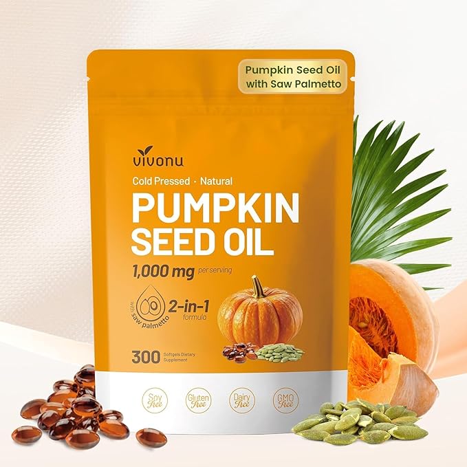 VivoNu Pumpkin Seed Oil with Saw Palmetto Capsules | Cold Pressed Pure Virgin Oil Essential Fatty Acids &amp Phytosterols | 300 SoftgelsSupports Hair Urinary Bladder &amp Prostate Health | Non-G