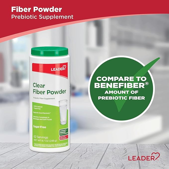 Leader Prebiotic Fiber Supplement Powder for Digestive Health 100% Natural Daily Fiber Powder Sugar-Free Taste-Free Gluten Free Non-GMO Unflavored 62 Servings (8.7 OZ) (Pack of 4)