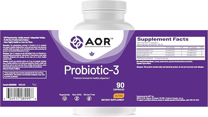 AOR Probiotic 3 90 Capsules – 30-45-Day Supply for Daily Digestive Balance &amp Gut Health Shelf-Stable Gluten-Free Non-GMO