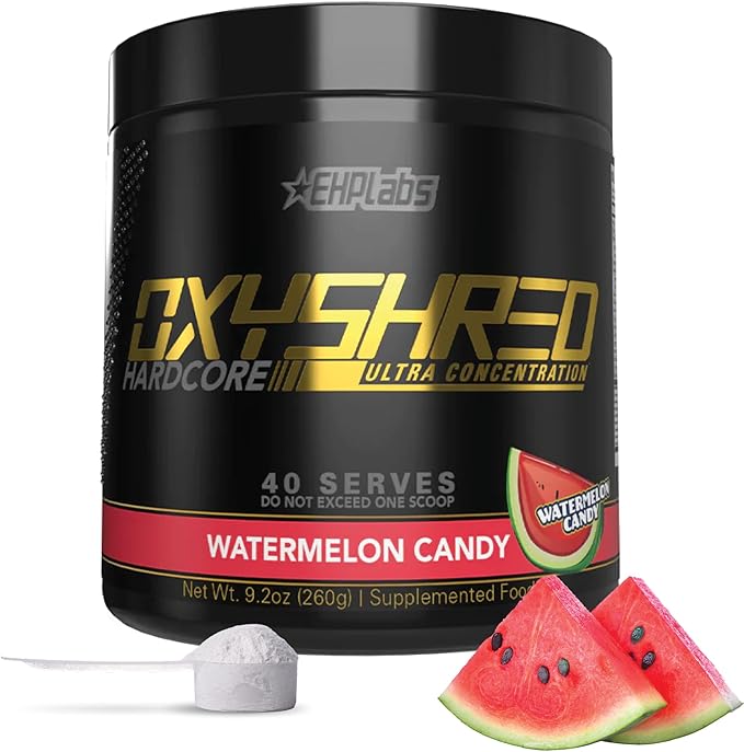 EHP Labs OxyShred Hardcore Super Dosed Pre Workout Powder - Preworkout Powder with L Glutamine &amp Acetyl L Carnitine Energy Boost Drink - 275mg of Caffeine - Watermelon Candy 40 Servings