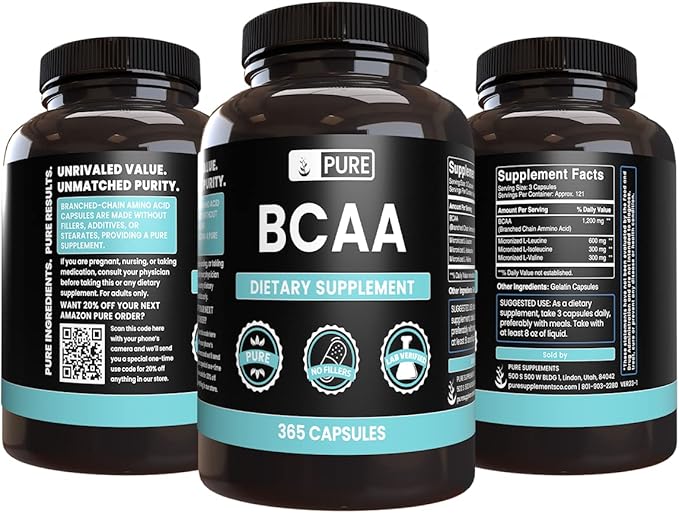 Pure Original Ingredients L-Glutamine &amp BCAA Capsule Bundle (365 Capsules Each) No Magnesium or Rice Fillers