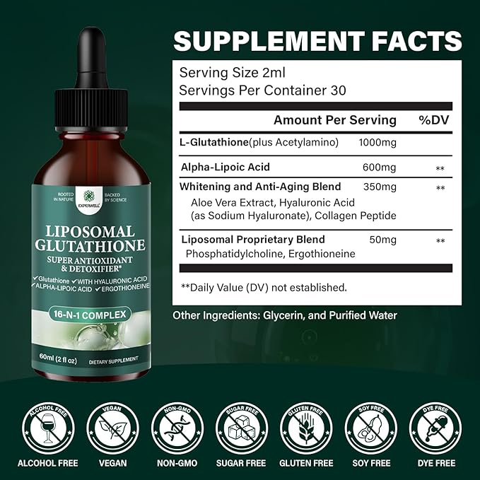 Liposomal Glutathione Liquid Drops 2000mg – Antioxidant Support Liquid Supplement with 600mgAlpha Lipoic Acid &amp Hyaluronic Acid | Vegan Non-GMO Soy &amp Gluten Free (2 FL OZ(Pack of 1))