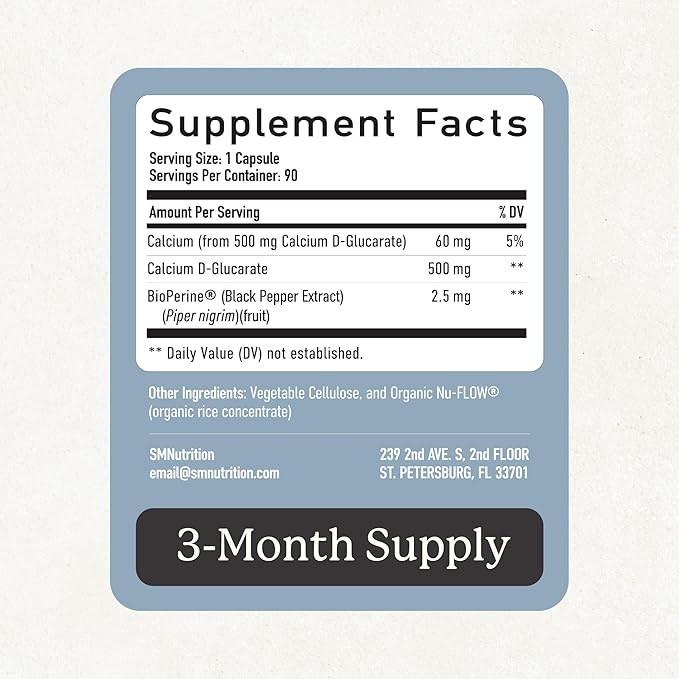 Calcium D-Glucarate | 500mg | CDG for Liver Detox and Cleanse Hormone Balance and Menopause Support | Calcium Supplement | Vegan Non-GMO &amp Third-Party Tested | 90 Capsules (3-Month Supply)