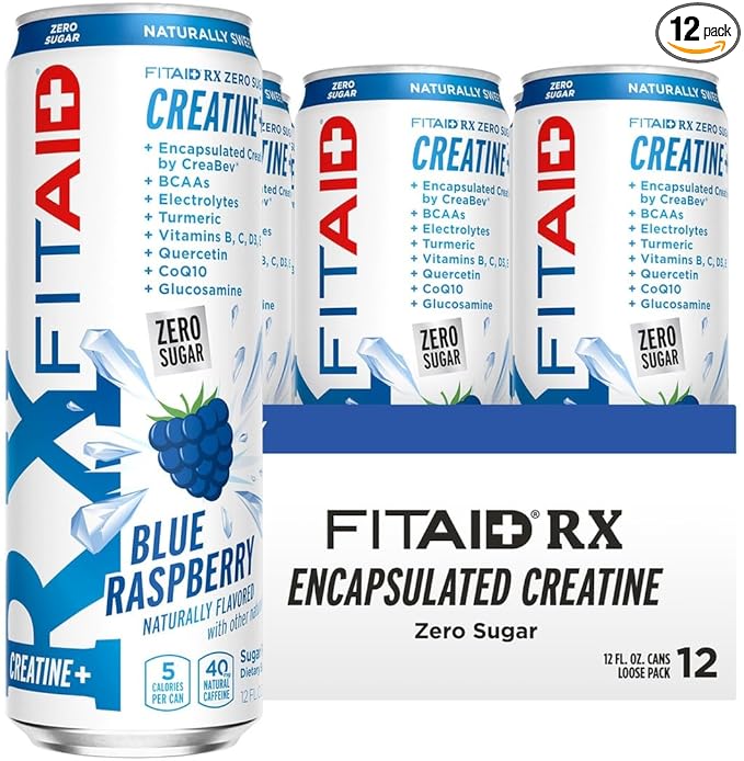 Lifeaid Fitaid Rx + Creatine Drink Blue Raspberry Zero Sugar Vegan Kosher Keto Friendly Gluten Free 12 Fluid Ounce (Pack of 12) - Packaging May Vary
