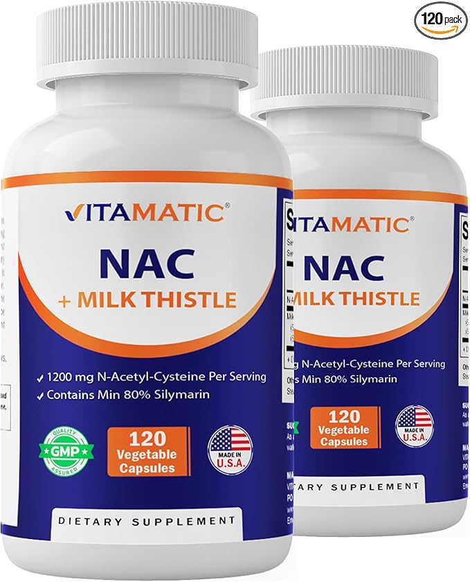 Vitamatic NAC Supplement N-Acetyl-L-Cysteine (NAC) with Milk Thistle 50:1 Extract - Supports Immune Respiratory Liver Health 1200 mg per Serving 120 Veg Capsules - 2 Pack