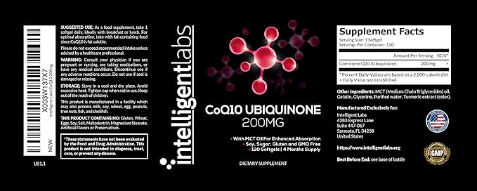Intelligent Labs CoQ10 Ubiquinone 200mg Softgels | Coenzyme Q10 with MCT Oil for Max Absorption | Soy Sugar Gluten and GMO-Free | 120 Servings | 120 Days Supply