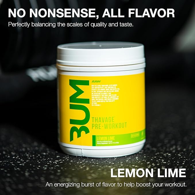RAW Preworkout Powder Thavage (Lemon Lime) - Chris Bumstead Sports Nutrition Supplement for Men &amp Women - Cbum Pre Workout for Working Out Hydration Mental Focus &amp Energy - 40 Servings