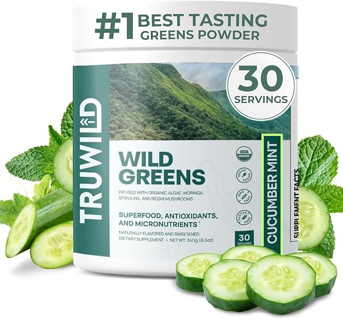 TruWild Greens Superfood Cucumber Powder with 22+ Greens &amp Anti-Oxidants Delicious Green Juice Powder Natural Immune Stress Digestion Support 30 Servings Per Tub (Cucumber Mint)