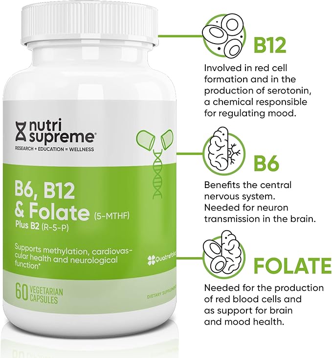 Nutri Supreme Folate with B6 and B12 Helps Maintain Normal Homocysteine Levels and Cardiovascular Health 60 Count Kosher Certified