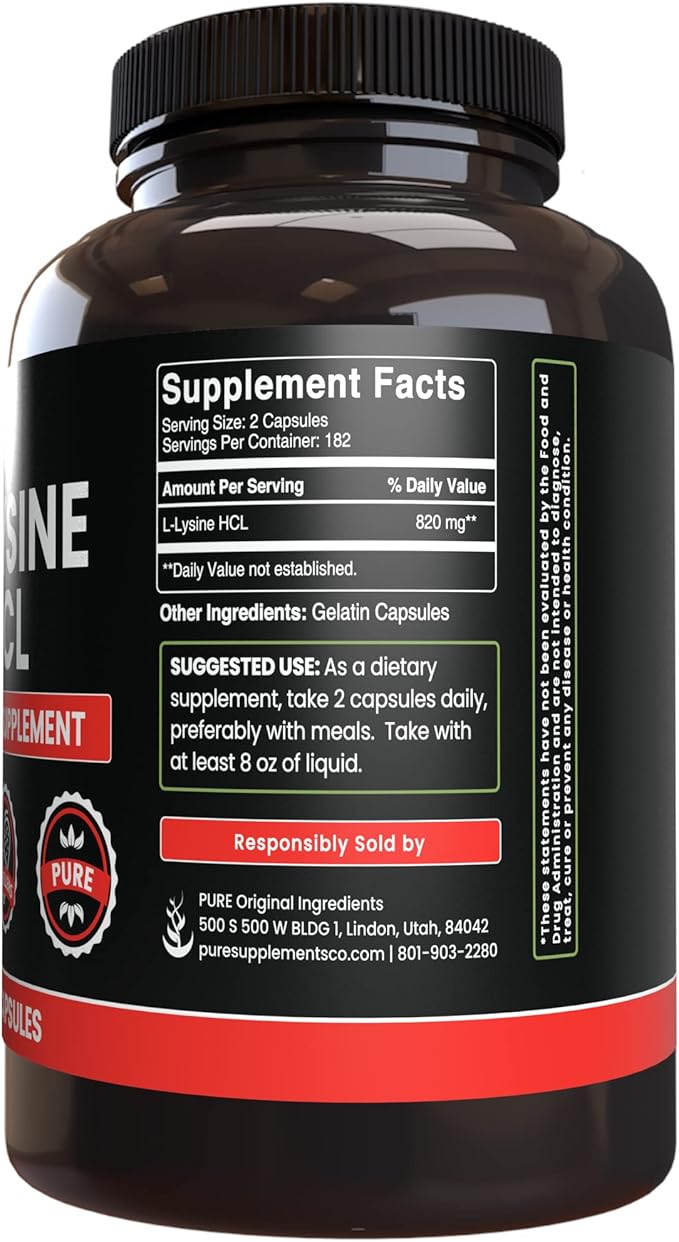PURE ORIGINAL INGREDIENTS L-Proline and L-Lysine HCL Bundle 365 Capsules Each No Magnesium or Rice Fillers Always Pure