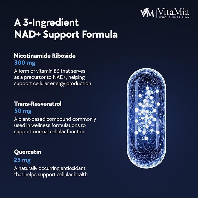 VitaMia NAD+ Complex Booster 30 Capsules – NAD Supplement with Nicotinamide Riboside Resveratrol &amp Quercetin for Cellular Energy Focus &amp Healthy Aging Support – NAD Plus Formula for Men &am