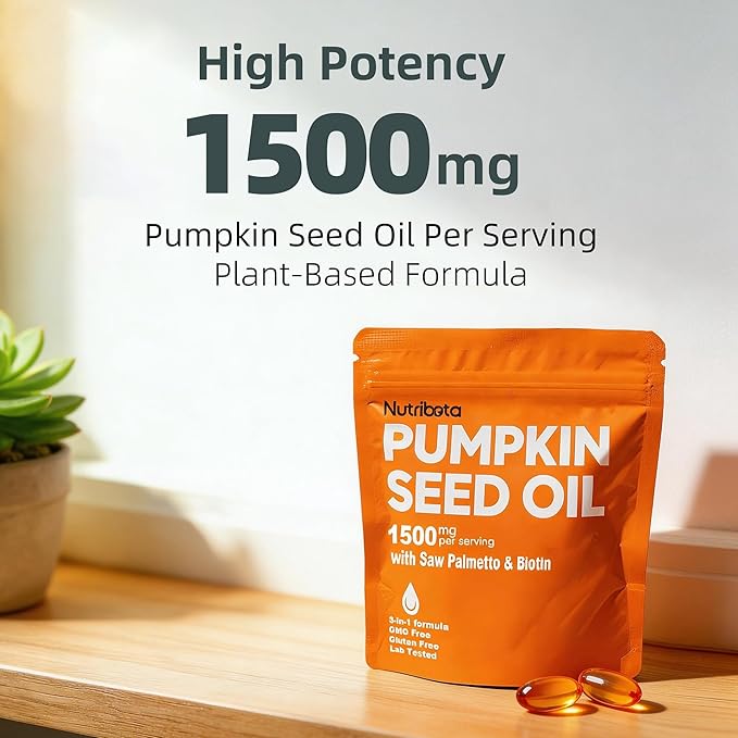 Pumpkin Seed Oil Supplement 1500 mg per Serving with Saw Palmetto &amp Biotin Advanced 3-in-1 Plant-Based Men’s Wellness &amp Hair Nutrition Formula Non-GMO Gluten Free Lab Tested Softgels