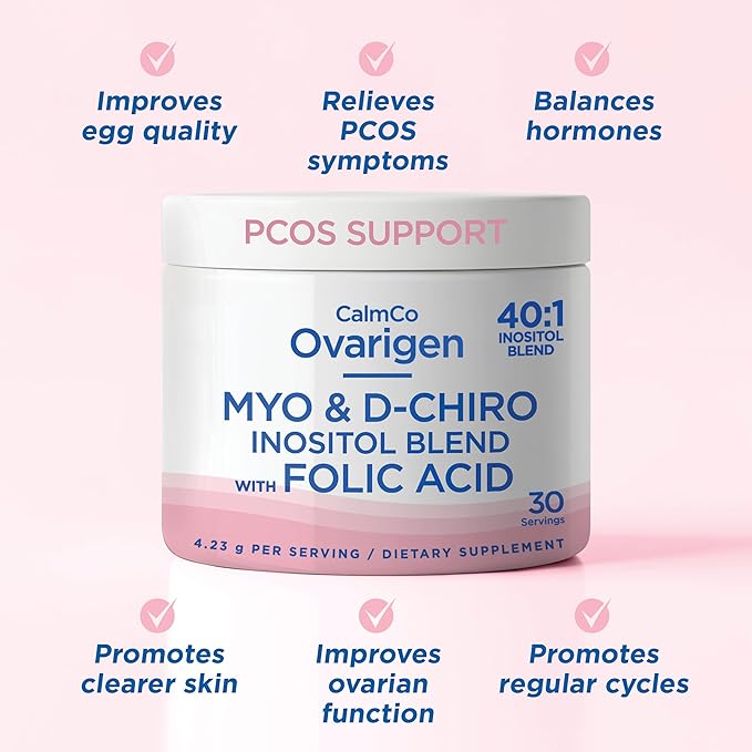 CalmCo Ovarigen Myo-Inositol &amp D-Chiro Inositol Supplement for Women – 40:1 Inositol Powder with Folic Acid Fertility Supplements for PCOS Hormone Balance and Ovarian Support (30 Servings)