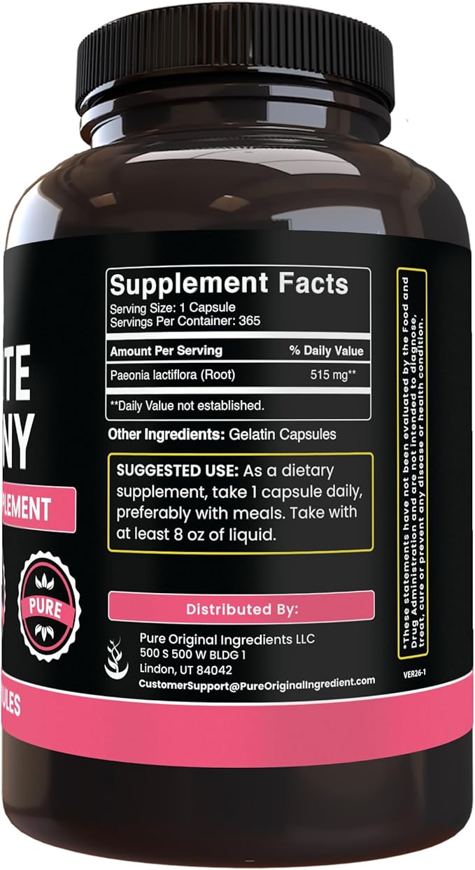 PURE ORIGINAL INGREDIENTS White Peony (365 Capsules) No Magnesium Or Rice Fillers Always Pure Lab Verified