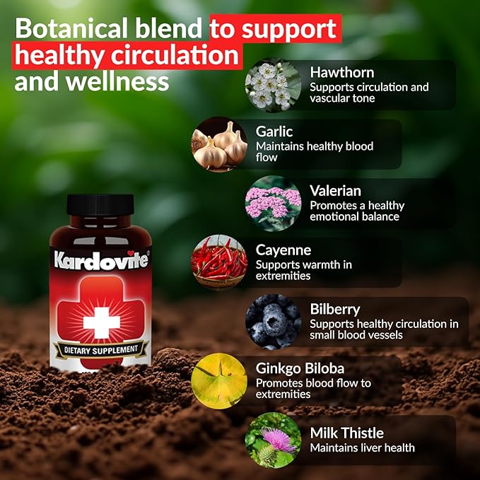 Herbal Circulation Support Capsules 180s | Supports Circulatory Wellness with Hawthorn Garlic Ginkgo Cayenne Milk Thistle Bilberry &amp Valerian | Supports Vitality &amp Daily Wellness