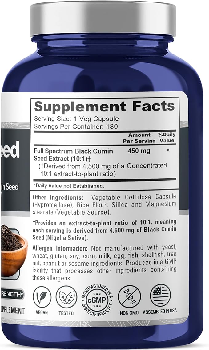 NusaPure Black Cumin Seed 450 mg 180 Veg Capsules (Non-GMO Vegan)