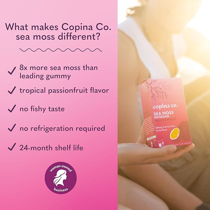 Organic Irish Sea Moss Powder 200mg Packets for Gut Health and Immune Support - Passionfruit Flavored Seamoss Drink with Coconut Water for Hydration Muscle Recovery - 16 Stick Packs