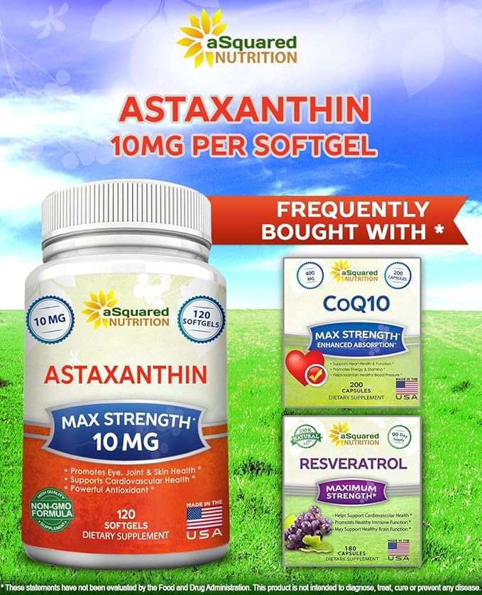 aSquared Nutrition Astaxanthin Supplement - Natural Astaxanthin Pills from Haematococcus Pluvialis Extract for Pure Energy - Max Strength 10mg - 120 Softgels (Pack of 2)