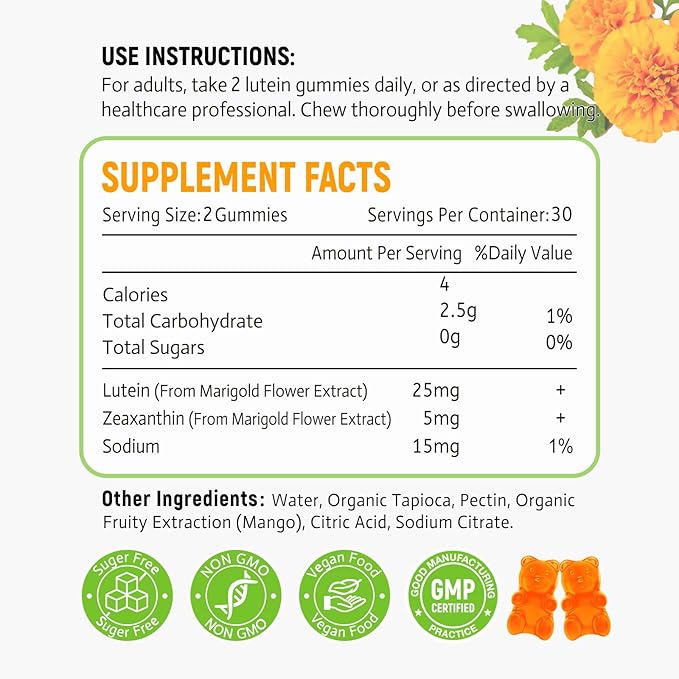 Lutein Gummies 25mg - Eye Vitamins Lutein &amp Zeaxanthin Eye Health Supplements for AdultsSugar Free Eye Health Gummies Supplement - Support VisionMacularBlue Light Filtering (120 Count)