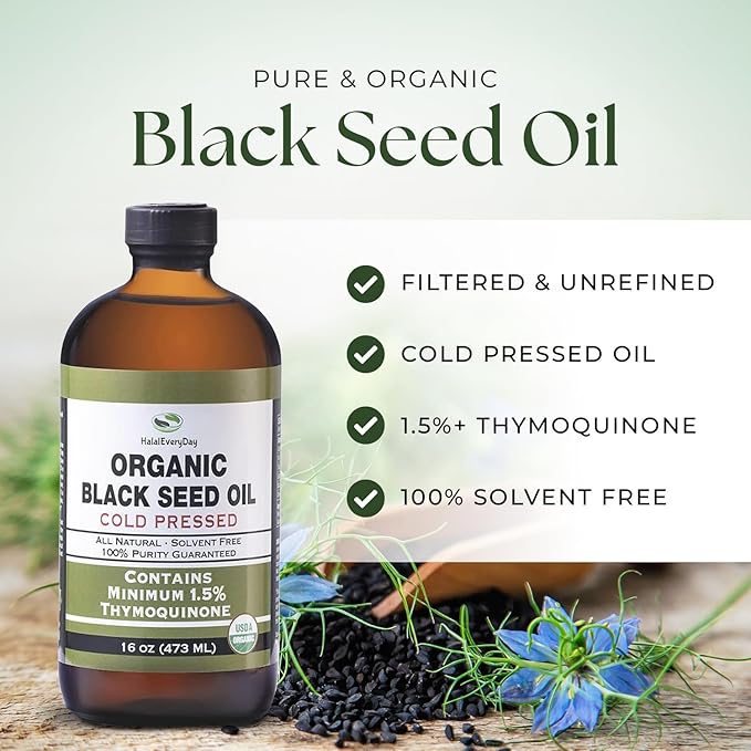 HalalEveryDay Organic Black Seed Oil - USDA Certified Cold Pressed Glass Bottle 16oz - Over 1.5% Thymoquinone Turkish Black Cumin Nigella Sativa Non-GMO 100% Pure Blackseed Oil