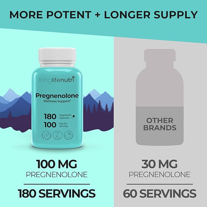 Brain &amp Hormone Support Pregnenolone - 180 Veggie Caps for Enhanced Memory Focus &amp Vitality - Made in USA