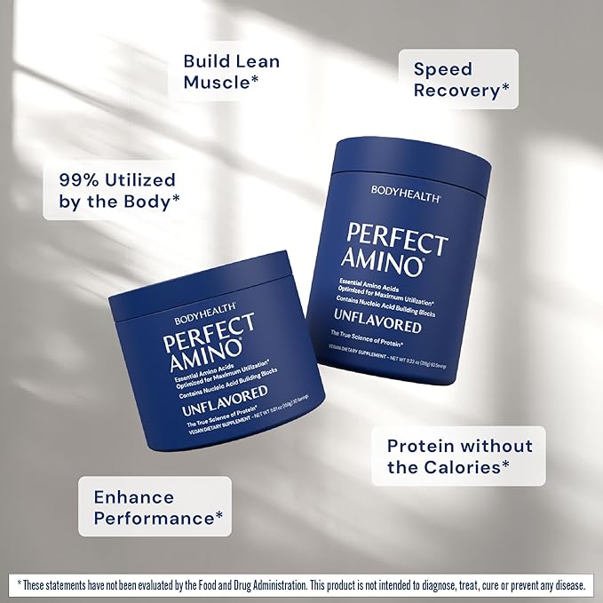 BodyHealth PerfectAmino - BCAA and EAA Powder for Pre and Post Workout - Amino Acid Energy Drink for Men and Women to Support Lean Muscle and Recovery - Unflavored (Lightly Sweetened) - 60 Servings
