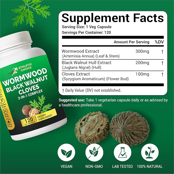 Wormwood Black Walnut Clove Complex 3-in-1 Formula with Sweet Wormwood Extract 120 Veggie Capsules Non-GMO &amp Gluten-Free Herbal Supplement for Adults