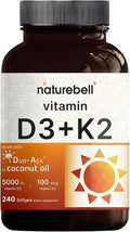 NatureBell Vitamin D3 K2-240 Softgels - 5000 IU Vitamin D3 &amp 100mcg Vitamin K2 MK-7 - with Virgin Coconut Oil - Bone Heart &amp Immune Health Support* - Duo-Ack Formula