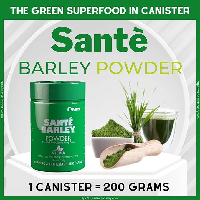 Sante Barley Pure Powder Canister - 200 Grams - Pack of 1 - Gluten Free - Natural Formula - Herbal Food Supplement Organic Greens Powder - from New Zealand - Certified Pure Organic
