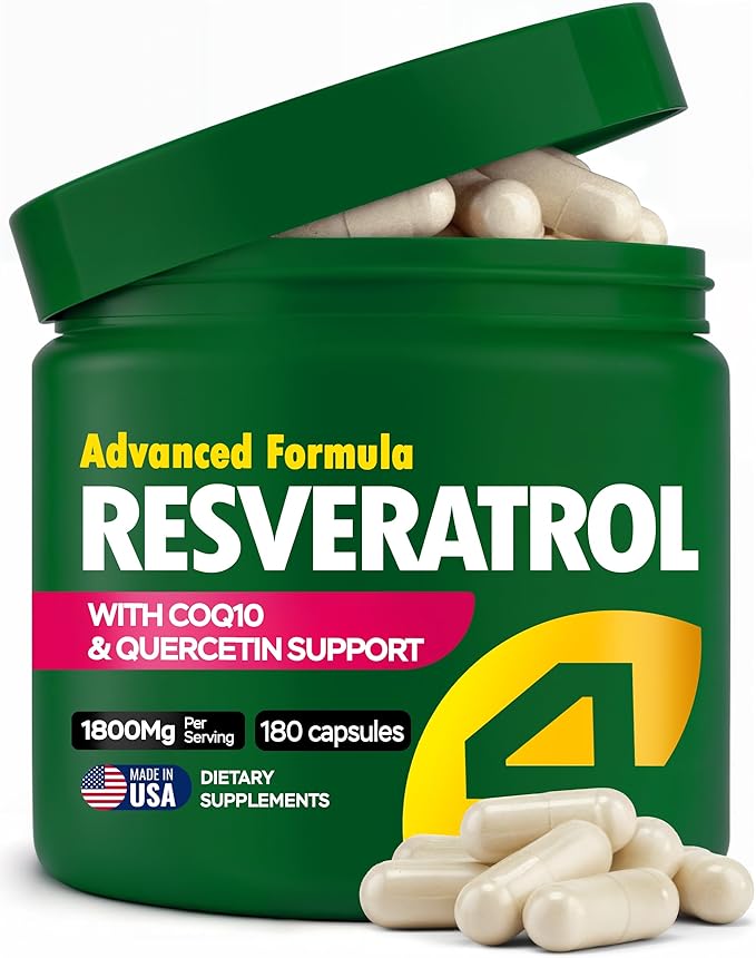 Resveratrol Supplement 1800mg with CoQ10 &amp Quercetin Support – Vitamin E &amp C (Calcium Ascorbate) – Antioxidant for Enhanced Energy Heart Health &amp Healthy-Aging Support Trans Resveratrol 1