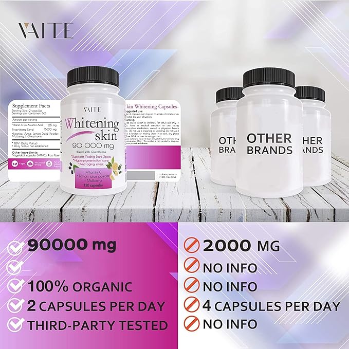 VAITE Glutathione Whitening Pills - Dark Spots &amp Acne Scar Remover - 90000mg - Vegan Skin Bleaching Pills with Anti-Aging &amp Antioxidant Effect - 120 Capsules (3 Pack)