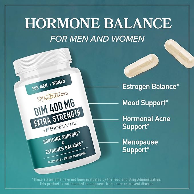 DIM Supplement 400MG Extra Strength | Hormone Balance for Men and Women | Menopause Acne Hot Flashes Relief Prostate Support &amp Antioxidant Support | Soy-Free Gluten-Free | SMNutrition | 90 Ct.