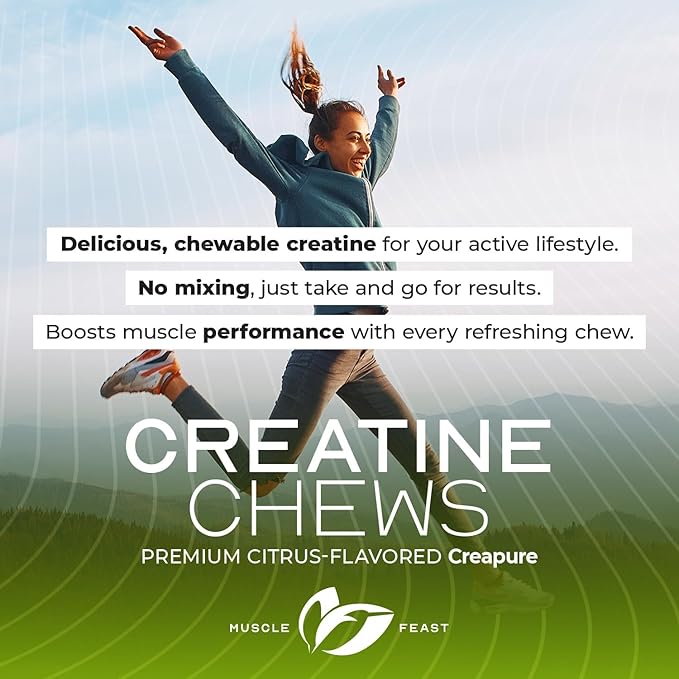 Muscle Feast Creatine Monohydrate Chewables - Vegan &amp Gluten-Free Creapure Creatine Chews for Men &amp Women - Delicious Citrus-Flavored Creatine Tablets for Muscle Building - Lemon Lime 120 Tab