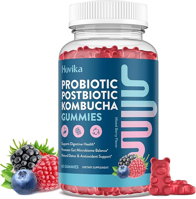 Probiotic Kombucha Gummies for Digestive Health - Synergy Kombucha with Probiotics Prebiotics &amp Postbiotics Dandelion Root Slppery Elm - Gut Health for Women &amp Men Mixed Berry Flavor 60 Gu