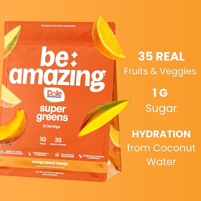 BE AMAZING Super Greens Powder with Prebiotics Digestive Enzymes &amp Antioxidants 35 Fruits &amp Veggies Electrolytes &amp Fiber Vegan Gluten Free Juice &amp Smoothie Mix Dole Orange Peach