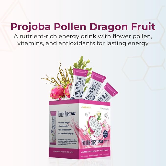 Youngevity ProJoba Pollen Burst™ Dragon Fruit - Clean Natural Energy Supplement w/Green Tea Pollen Extract GliSODin® - Increase Focus Brain Boost Endurance Mental Clarity (30 Sticks)