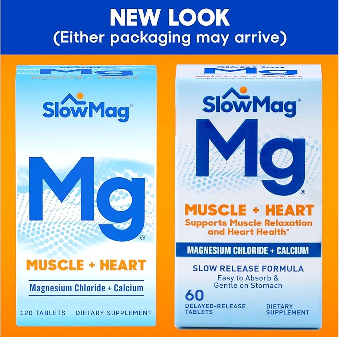 SlowMag MG Muscle + Heart Magnesium Chloride with Calcium Tablets 60 Count (Pack of 2)