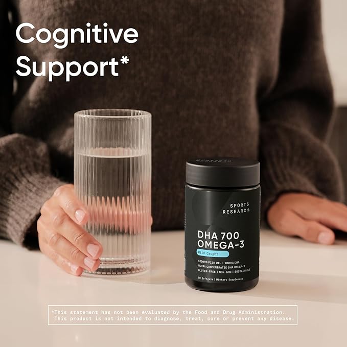 Sports Research® DHA Omega-3 Fish Oil 700mg – Single Source Wild-Caught Fish – Supports Brain Health* – Burpless Non-GMO Gluten-Free Sustainably Sourced – 90 Softgels