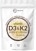 Micro Ingredients Vitamin D3 10000 IU + K2 MK-7 200 mcg 180 Softgels with Virgin Coconut Oil | 2-in-1 Vitamins D &amp K Complex | Extra Strength Easy to Swallow Non-GMO Gluten Free