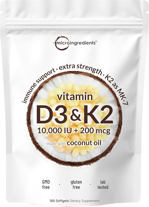 Micro Ingredients Vitamin D3 10000 IU + K2 MK-7 200 mcg 180 Softgels with Virgin Coconut Oil | 2-in-1 Vitamins D &amp K Complex | Extra Strength Easy to Swallow Non-GMO Gluten Free