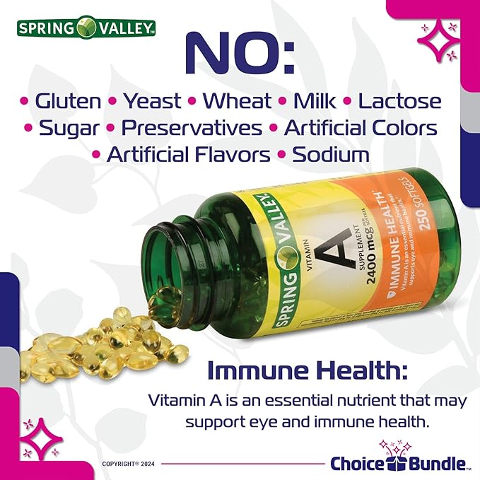 Spring Valley Vitamin A Supplement 2400 mcg Softgel 250 Ct 2 Pk (500 Total) + Vitamin Vitality &amp Pill Container (4 Items)!